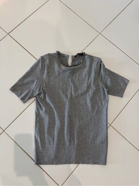 White House Black Market Gray Short-Sleeve Sweater with Chain Trim